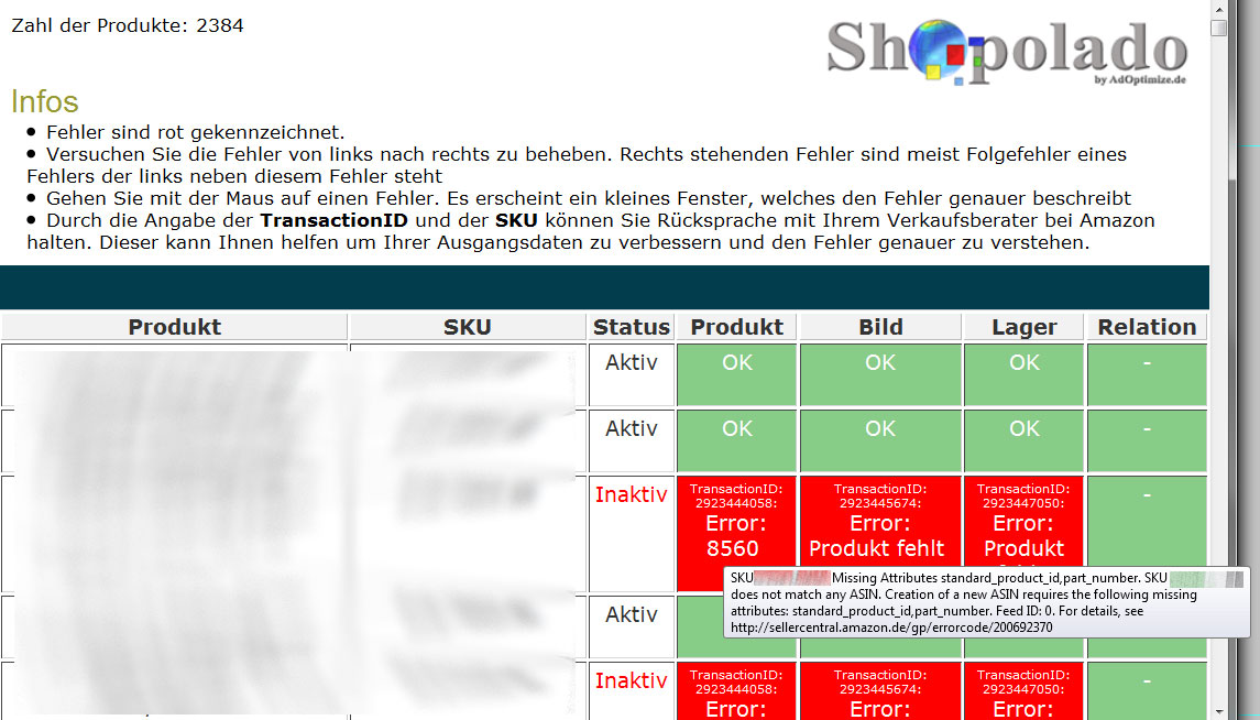 Shopolado Server Amazon Produkt upload Bericht