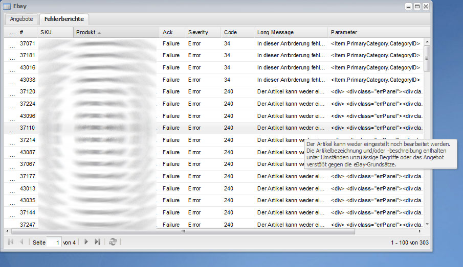 Shopolado Server eBay Fehlermeldungen